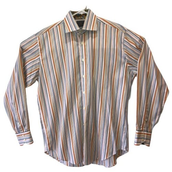 Thomas Dean Mens Large Multicolored Striped Flip Cuff Button Up Collar Shirt L - Picture 2 of 11